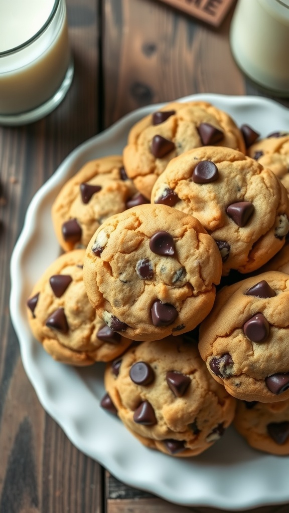 Deliciously soft and chewy cookie monster cookies with chocolate chips on a rustic table with a glass of milk.